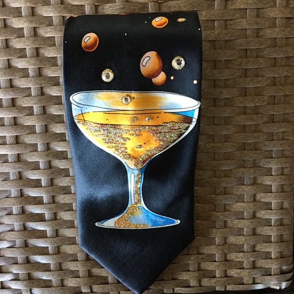 Other - Mens 💯 Silk Tie With Cocktail Glass Sequin Print